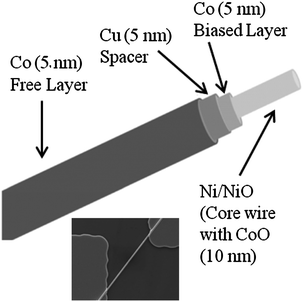 Schematic of a core–shell nanowire-based spin valve device. The CoO shell biases the Co reference layer, and Cu acts as the nonmagnetic spacer. The inset shows the scanning electron microscopy (SEM) image of such a device. Copyright 2010 IEEE Magnetic Society, reproduced from ref. 181 with permission.