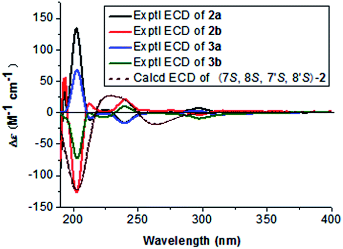 spectra of  2a   2b and  3a   3b  and calculated ecd spectrum