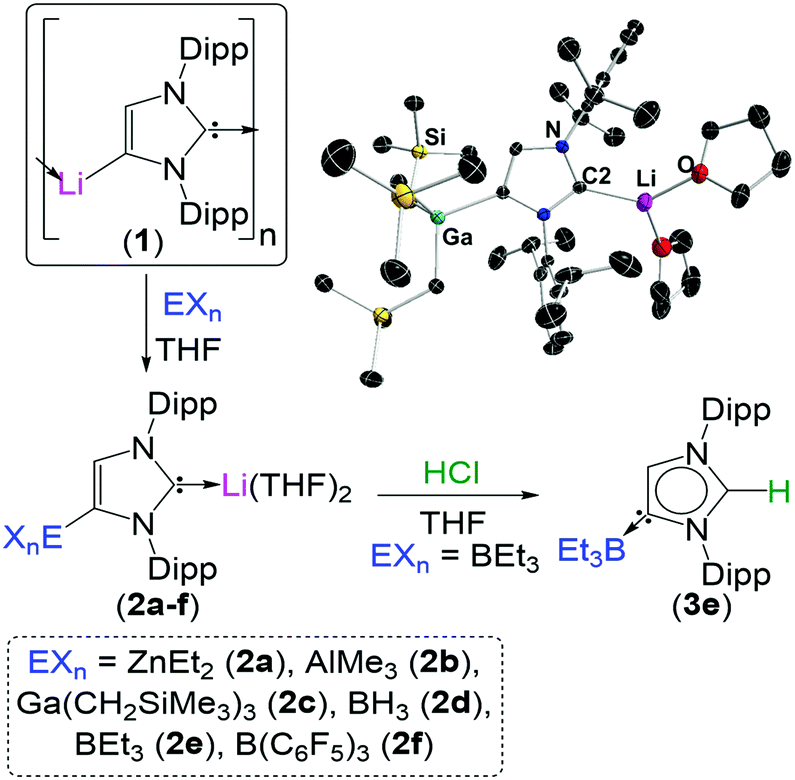 岩化杂岩（1）synthesised by treatment of the N-heterocyclic carbene NHC with nBuLi,可以在C4位置被一些主要的基团元素转化，得到各种双金属复合物（2）。这些配合物可以选择性地猝灭生成具有非常规区域化学（3）的NHC配合物。新利手机客户端
