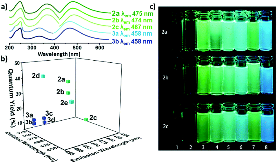 a) The UV and emission spectra of fluorescent maleimides bearing amino (2a-c) and alkoxy (3a, 3b) substituents. b) The quantum yields of selected amino and alkoxymaleimides. c) The solvafluorochromism effect for three aminomaleimides (2a-c) in increasingly non-polar solvents. 