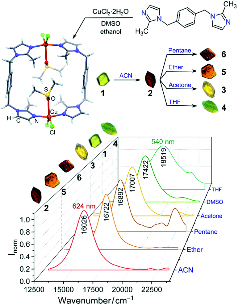 Synthesis of copper bimetallic complexes from imidazolyl ligands,and the solvatochromic materials formed upon crystallization and solvent guest-exchange.The solvatochromic behaviour was quantified with visible-region diffuse reflectance spectra.
