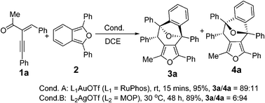 Graphical abstract:Exo/endo selectivity-control in Lewis-acid catalyzed tandem heterocyclization/formal [4+3] cycloaddition:synthesis of polyheterocycles from 2-(1-alkynyl)-2-alken-1-ones and 1,3-diphenylisobenzofuran