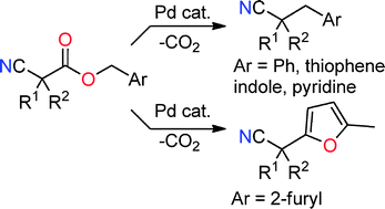 Graphical abstract: Decarboxylative benzylation and arylation of nitriles