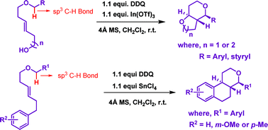 Graphical abstract: Oxidative Prins and Prins/Friedel–Crafts cyclizations for the stereoselective synthesis of dioxabicycles and hexahydro-1H-benzo[f]isochromenes via the benzylic C–H activation