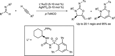Graphical abstract: Enantioselective synthesis of cyclic carbamimidates via a three-component reaction of imines, terminal alkynes, and p-toluenesulfonylisocyanate using a monophosphine gold(i) catalyst