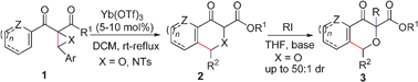 Graphical abstract:Efficient synthesis of isochromanones and isoquinolines via Yb(OTf)3-catalyzed tandem oxirane/aziridine ring opening/Friedel–Crafts cyclization