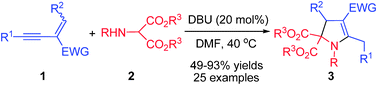 Graphical abstract:DBU-catalyzed tandem additions of electron-deficient 1,3-conjugated enynes with 2-aminomalonates:a facile access to highly substituted 2-pyrrolines