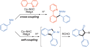 Graphical abstract: Cobalt-catalyzed arylation of aldimines via directed C–H bond functionalization: addition of 2-arylpyridines and self-coupling of aromatic aldimines