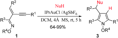 Graphical abstract:Gold(i)-catalyzed cyclization of 2-(1-alkynyl)-alk-2-en-1-one oximes:a facile access to highly substituted N-alkoxypyrroles