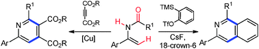 Graphical abstract: Coupling of enamides with alkynes or arynes for synthesis of substituted pyridines and isoquinolines via amide activation