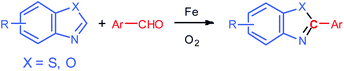 Graphical abstract: Iron-catalyzed arylation of benzoazoles with aromatic aldehydes using oxygen as oxidant