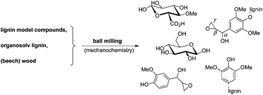 Graphical abstrct for C2GC36456E showing the resulting compounds produced after ball milling lignin and beech wood