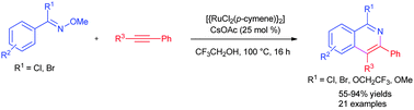 Graphical abstract: A regioselective synthesis of 1-haloisoquinolines via ruthenium-catalyzed cyclization of O-methylbenzohydroximoyl halides with alkynes