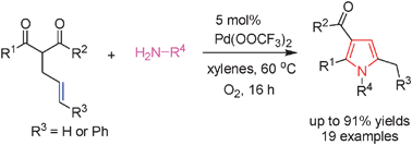 Graphical abstract: Efficient synthesis of highly substituted pyrroles through a Pd(OCOCF3)2-catalyzed cascade reaction of 2-alkenal-1,3-dicarbonyl compounds with primary amines