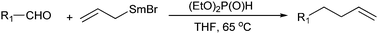 Graphical abstract: Dual role of allylsamarium bromide as a Grignard reagent and a single electron transfer reagent in the one-pot synthesis of terminal olefins