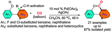 Graphical abstract: One pot synthesis of bioactive benzopyranones through palladium-catalyzed C–H activation and CO insertion into 2-arylphenols