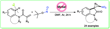 Graphical abstract: Metal-free nitro-carbocyclization of activated alkenes: a direct approach to synthesize oxindoles by cascade C–N and C–C bond formation