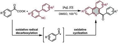 Graphical abstract: Synthesis of 6-acyl phenanthridines by oxidative radical decarboxylation–cyclization of α-oxocarboxylates and isocyanides