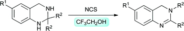 Graphical abstract: Remarkable effect of CF3CH2OH for the halogen induced oxidative rearrangement reaction of aminals leading to 3,4-dihydroquinazolines