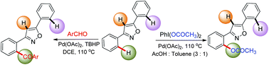 Graphical abstract: Palladium-catalysed regioselective aroylation and acetoxylation of 3,5-diarylisoxazole via ortho C–H functionalisations