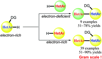 Graphical abstract: Chelation-assisted Rh(iii)-catalyzed C2-selective oxidative C–H/C–H cross-coupling of indoles/pyrroles with heteroarenes