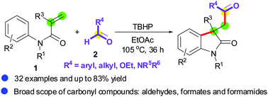 Graphical abstract: Metal-free oxidative tandem coupling of activated alkenes with carbonyl C(sp2)–H bonds and aryl C(sp2)–H bonds using TBHP