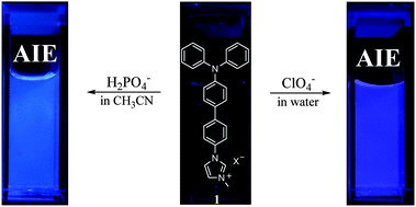 Graphical abstract: An AIE active monoimidazolium skeleton: high selectivity and fluorescence turn-on for H2PO4− in acetonitrile and ClO4− in water