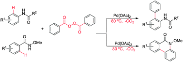 Graphical abstract: A highly efficient Pd-catalyzed decarboxylative ortho-arylation of amides with aryl acylperoxides