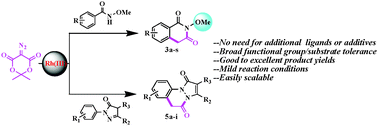 Graphical abstract: One-pot cascade synthesis of N-methoxyisoquinolinediones via Rh(iii)-catalyzed carbenoid insertion C–H activation/cyclization