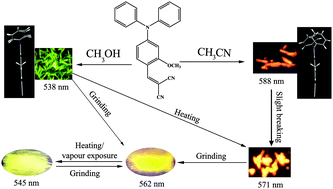 Graphical abstract: Reversible fluorescence switching and topochemical conversion in an organic AEE material: polymorphism, defection and nanofabrication mediated fluorescence tuning