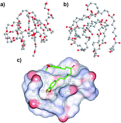Simulated conformation of PEG (a), PCL (b) and the PCL–curcumin complex (c); see Section 2.4 for details. The conformation of the PCL–curcumin complex was obtained by a docking study using AutoDock Vina. Atom coloring: grey, carbon; red, oxygen; white, hydrogen. PCL is represented by lines, while curcumin is represented by sticks, and atoms of PCL interacting with curcumin are shown using balls. Non-polar hydrogen atoms are hidden for the sake of clarity.