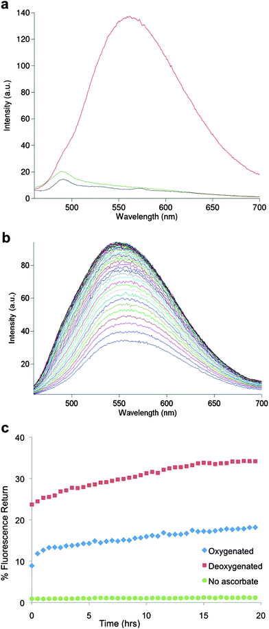 (a) Absorbance and emission spectra of curcumin (red), 1c (green) and 2c (purple) λex = 420 nm. (b) Increase in emission over time of a deoxygenated solution of 2c with excess ascorbic acid. (c) Comparison of fluorescence return traces for 2c with excess ascorbic acid in deoxygenated and oxygenated solutions, and in the absence of reducing agent.