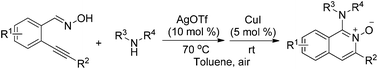 Graphical abstract: Generation of 1-amino-isoquinoline-N-oxides via a tandem reaction of 2-alkynylbenzaldoxime with secondary amines in the presence of silver(i) and copper(i)