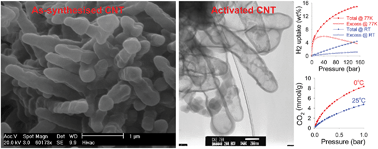 Graphical abstract: Low temperature synthesized carbon nanotube superstructures with superior CO2 and hydrogen storage capacity