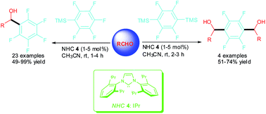 Graphical abstract: N-heterocyclic carbene-catalysed pentafluorophenylation of aldehydes