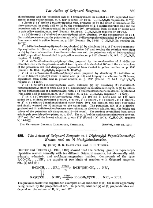189. The action of Grignard reagents on 4-diphenylyl piperidinomethyl ketone and on N-methylcinchotoxine