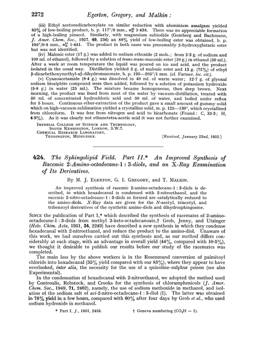 424. The sphingolipid field. Part II. An improved synthesis of racemic 2-amino-octadecane-1 : 3-diols, and an X-ray examination of its derivatives