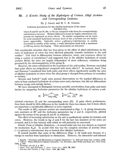 10. A kinetic study of the hydrolysis of certain alkyl acetates and corresponding lactones