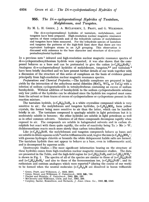 955. The di-π-cyclopentadienyl hydrides of tantalum, molybdenum, and tungsten