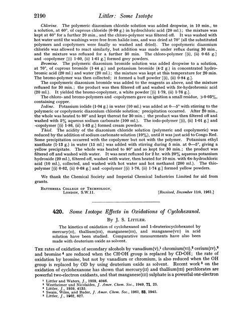 420. Some isotope effects in oxidations of cyclohexanol