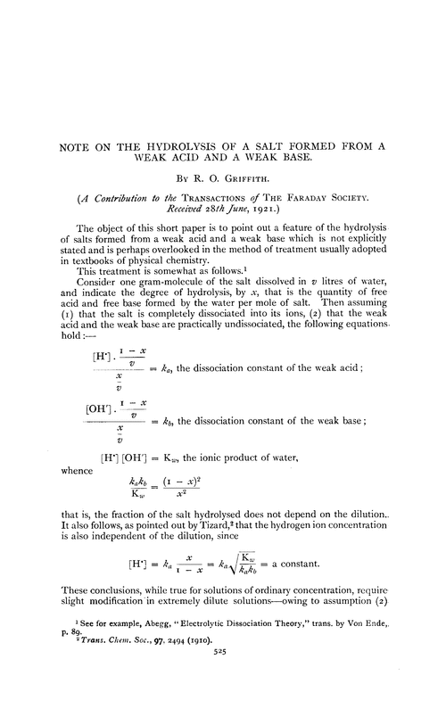 Note on the hydrolysis of a salt formed from a weak acid and a weak base