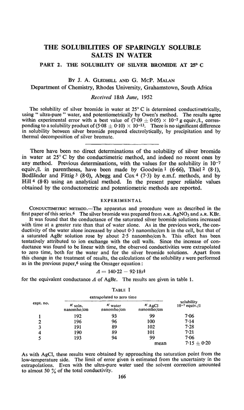 The solubilities of sparingly soluble salts in water. Part 2. The solubility of silver bromide at 25° C