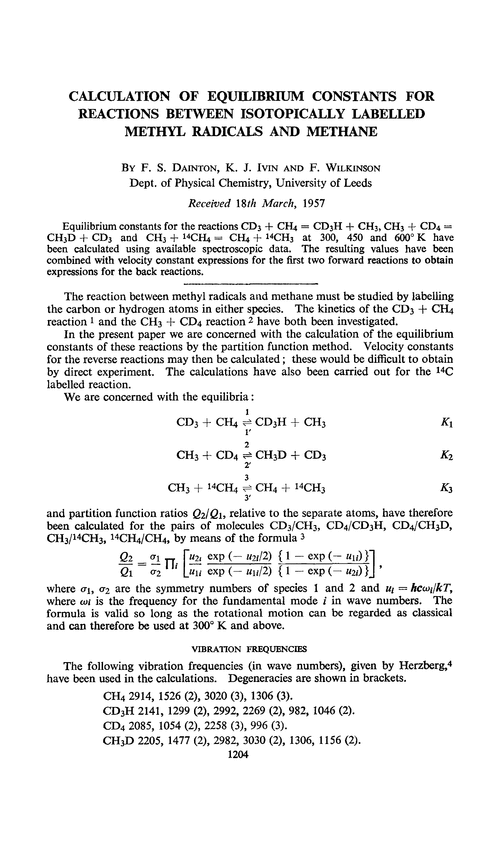 Calculation of equilibrium constants for reactions between isotopically labelled methyl radicals and methane