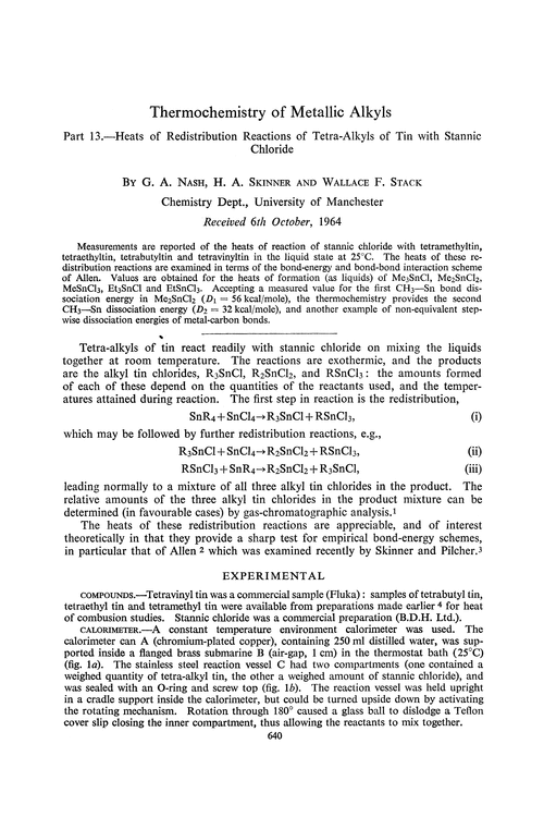 Thermochemistry of metallic alkyls. Part 13.—Heats of redistribution reactions of tetra-alkyls of tin with stannic chloride