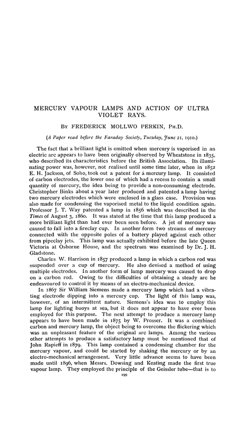 Mercury vapour lamps and action of ultra violet rays