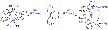 Graphical abstract: Well-defined styryl and biphenyl calcium complexes from dilithio compounds and calcium iodide: synthesis, structure and reactivity toward nitrous oxide