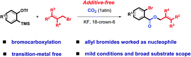 Graphical abstract: Direct bromocarboxylation of arynes using allyl bromides and carbon dioxide
