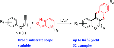 Graphical abstract: Direct access to benzofuro[2,3-b]quinoline and 6H-chromeno[3,4-b]quinoline cores through gold-catalyzed annulation of anthranils with arenoxyethynes and aryl propargyl ethers
