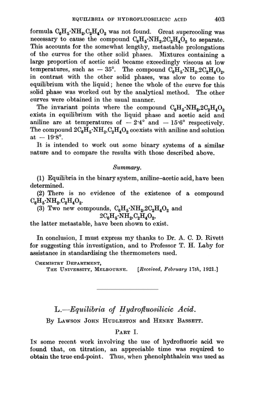 L.—Equilibria of hydrofluosilicic acid