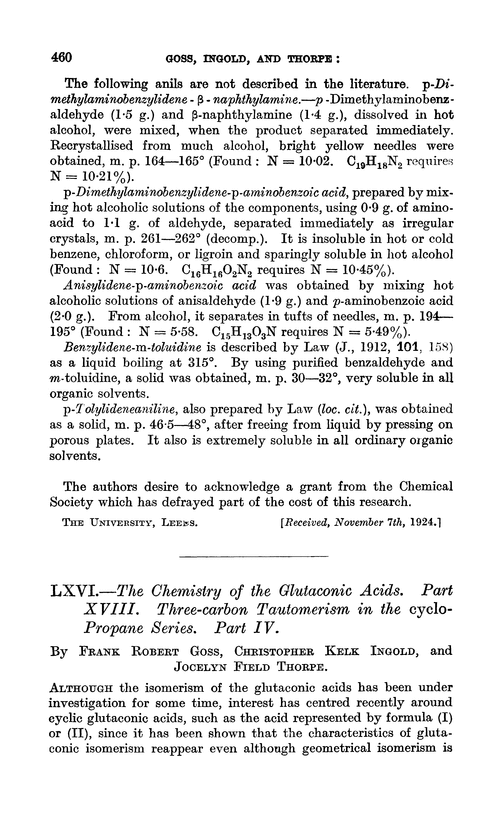 LXVI.—The chemistry of the glutaconic acids. Part XVIII. Three-carbon tautomerism in the cyclopropane series. Part IV